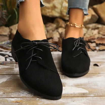 Lace up women's shoes autumn new large pointed 4cm high heels suede medium thick heel comfortable casual women's shoes