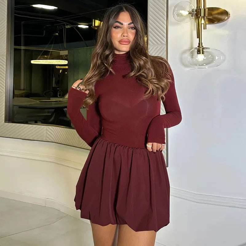 Mock Neck Long Sleeve Gathered Bubble Skirt Set