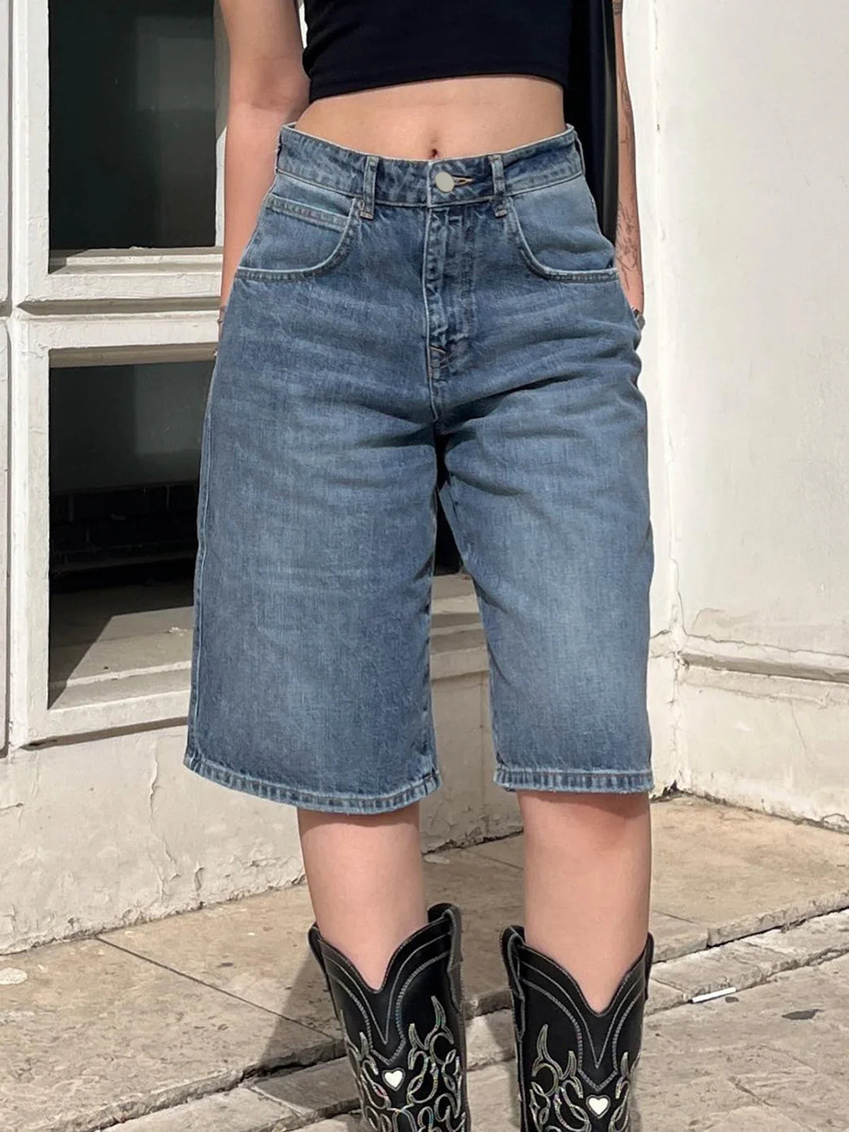 Blue Baggy knee-length Jeans Streetwear y2k High Waist Loose Mid-length Jeans for Women Summer Casual Basic Denim Pants