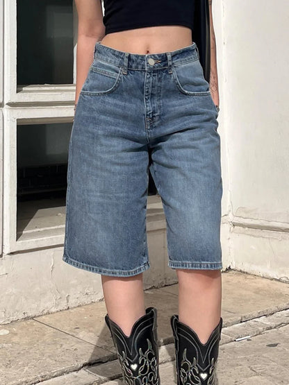 Blue Baggy knee-length Jeans Streetwear y2k High Waist Loose Mid-length Jeans for Women Summer Casual Basic Denim Pants