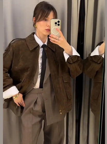 Suede Leather Jacket Coat Vintage Brown Maillard Pocket Lapel Casual Loose Bomber Jackets Motorcycle Style Silhouette Outwear