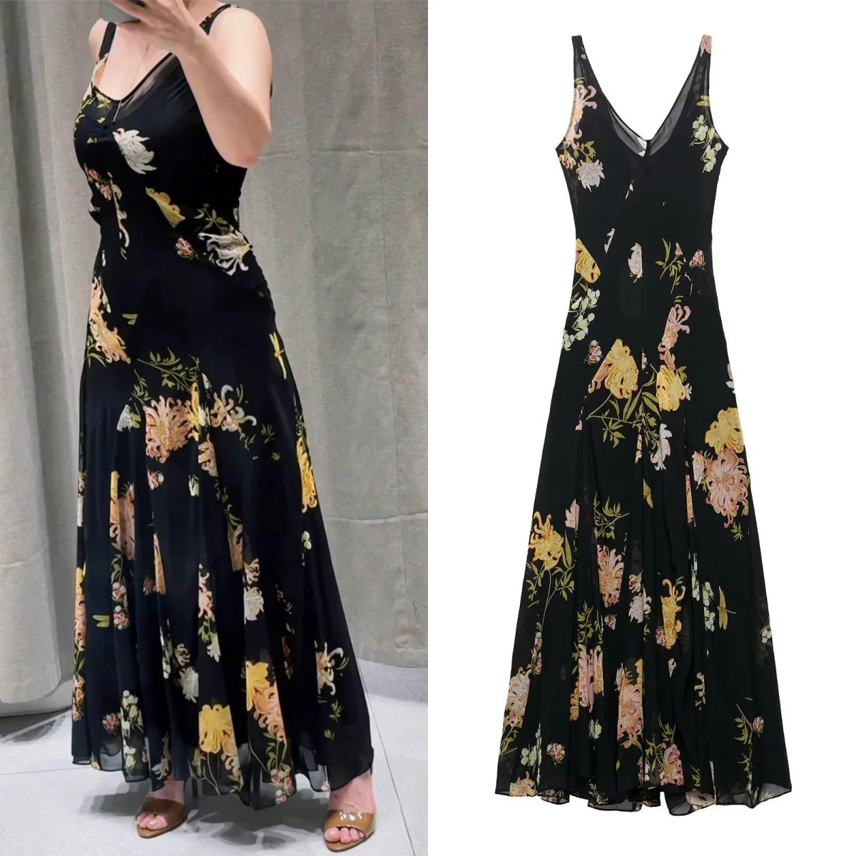 Women's Summer V-Neck Sleeveless Midi Dress Female Sexy Printed Pleated Decoration Sling Waist Evening Party Dress