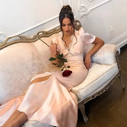 Fashion Satin Lace Long Dress Women V Neck Puff Sleeve Slim Elegant Luxury Party Evening Dress Female Mermaid Dress