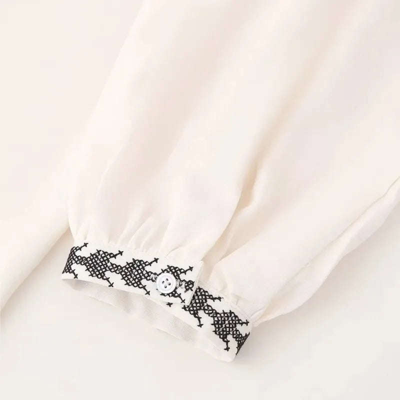 Women's Solid Embroidered Blouse 2024 Summer New V-neck Single Breasted Long Sleeve Blouses Female Elegant Casual Shirts Tops