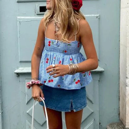 Backless Tie Up Crop Tops Cherry Plaid Print Peplum Camisole Summer Holiday Sweet Cute Milkmaid Tank Vest Y2K Clothes