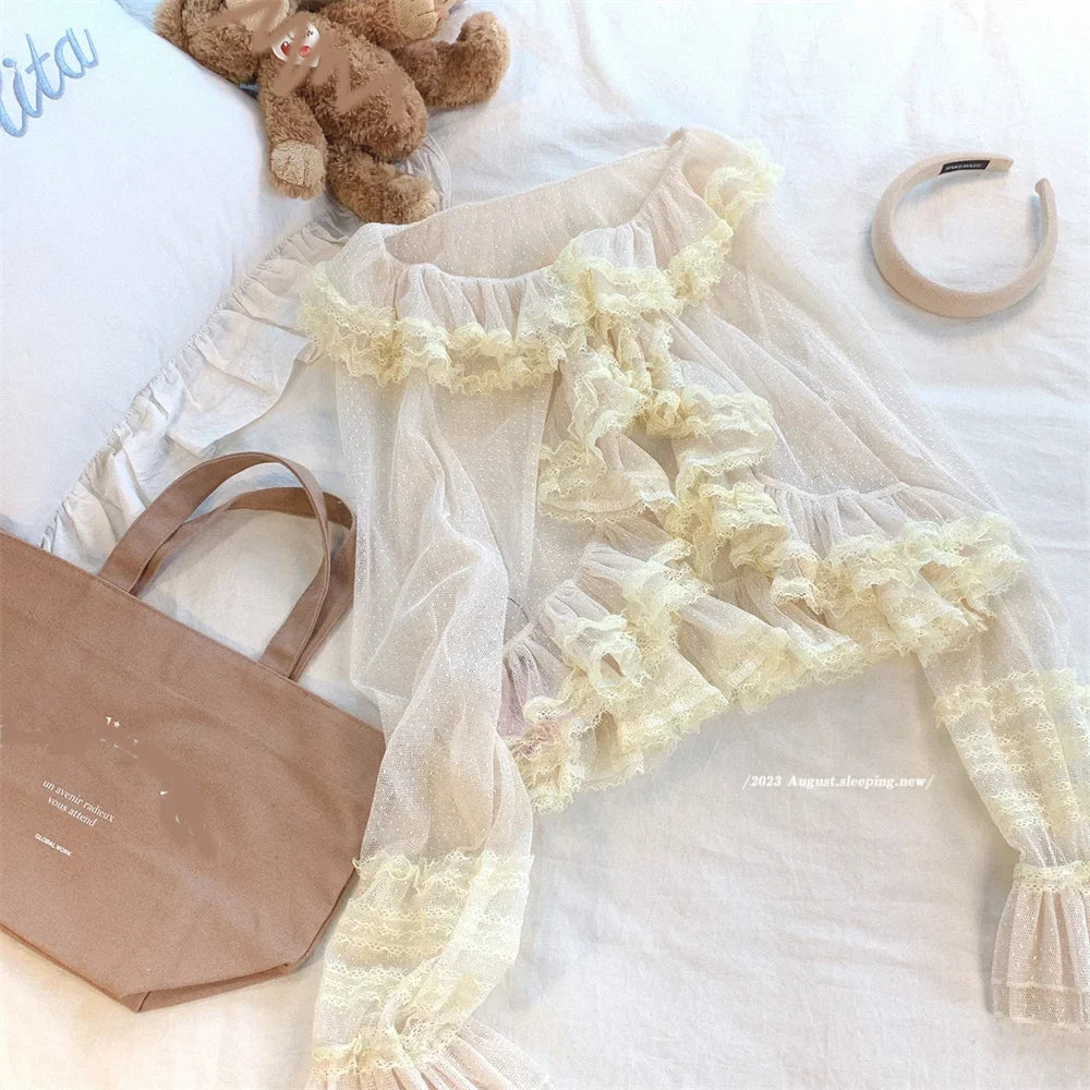See Through Long Sleeve Japanese Shrugs Autumn Mesh Ruffle Sweet Cropped Jacket Thin Air Conditioning Shirt Short Sun Protection