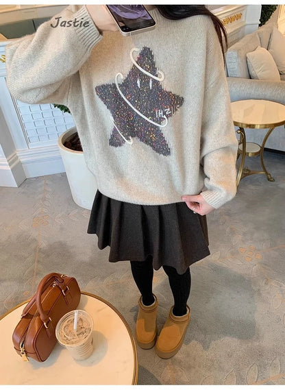 Creative Star Jacquard Cute Christmas Sweater 2025 New Round Neck Fashion Women Winter Pullover Top
