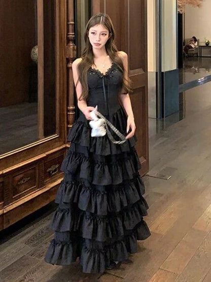 New French V-Neck Elegant Women Dress Sweet Lace Patchwork Strap Slim Waist Long Dress Casual Female Chic Holiday Outfits Summer