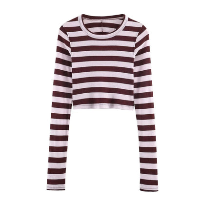 Women's Spring Fashion Versatile Round Neck Striped Short Pullover Top Female Elegant High Street Casual Long Sleeve Top