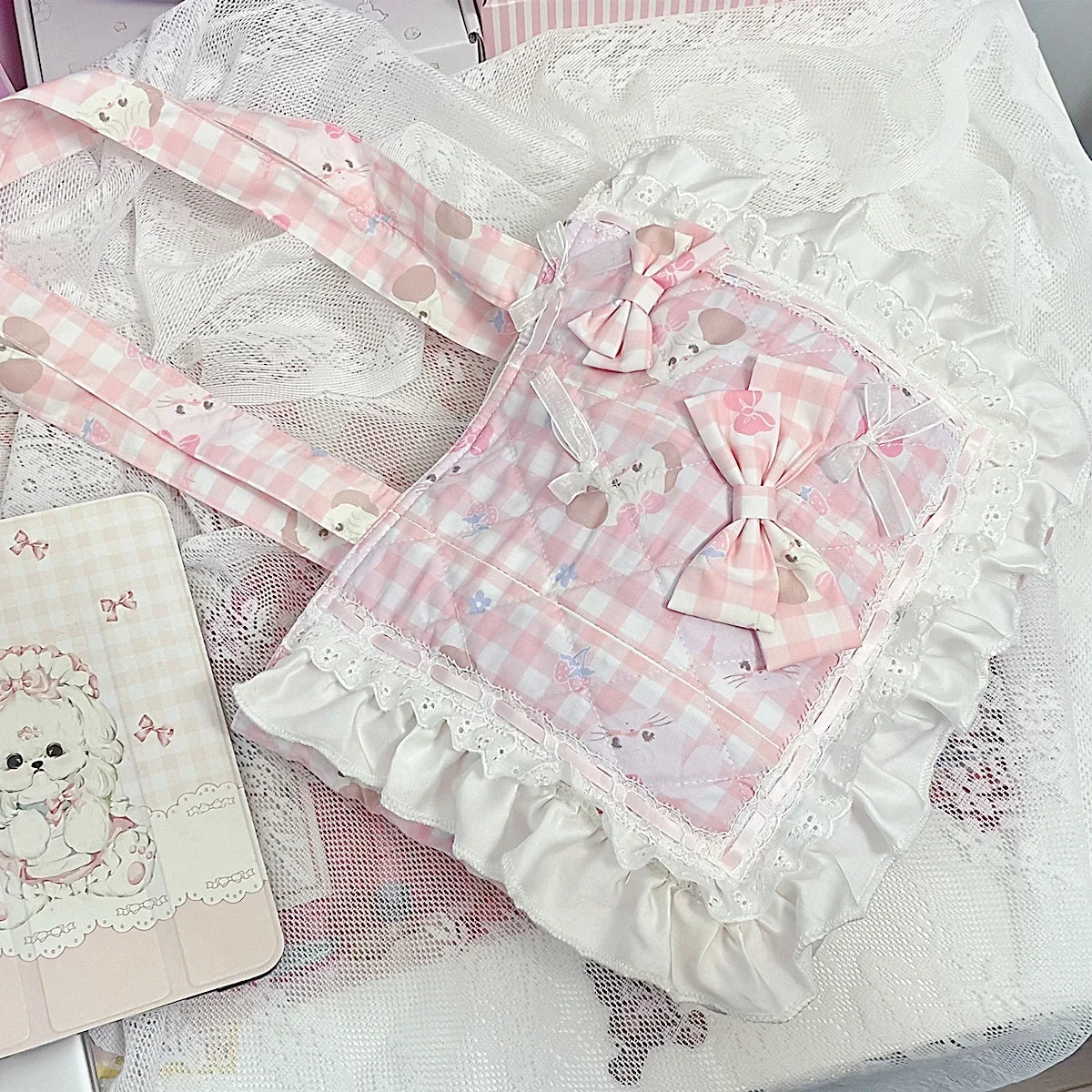 Pink Lace Trim Canvas Handbag Multi-functional and Portable Bag for Girls with a Touch of Cuteness