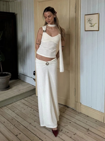 Elegant Sequined Patchwork 3 Piece Set Women Basic Scarf+Square Collar Tank Tops+Ruched Long Skirt Matching Trend Suits
