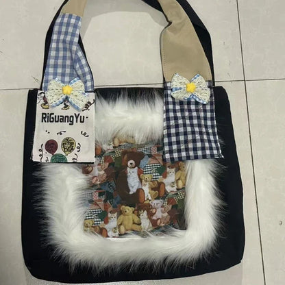Fur Patchwork Vintage Plaid Shoulder Bags Sweet Y2k Cartoon Bear Chic Bow Handbags Casual Women Harajuku Ins Grunge Underarm Bag