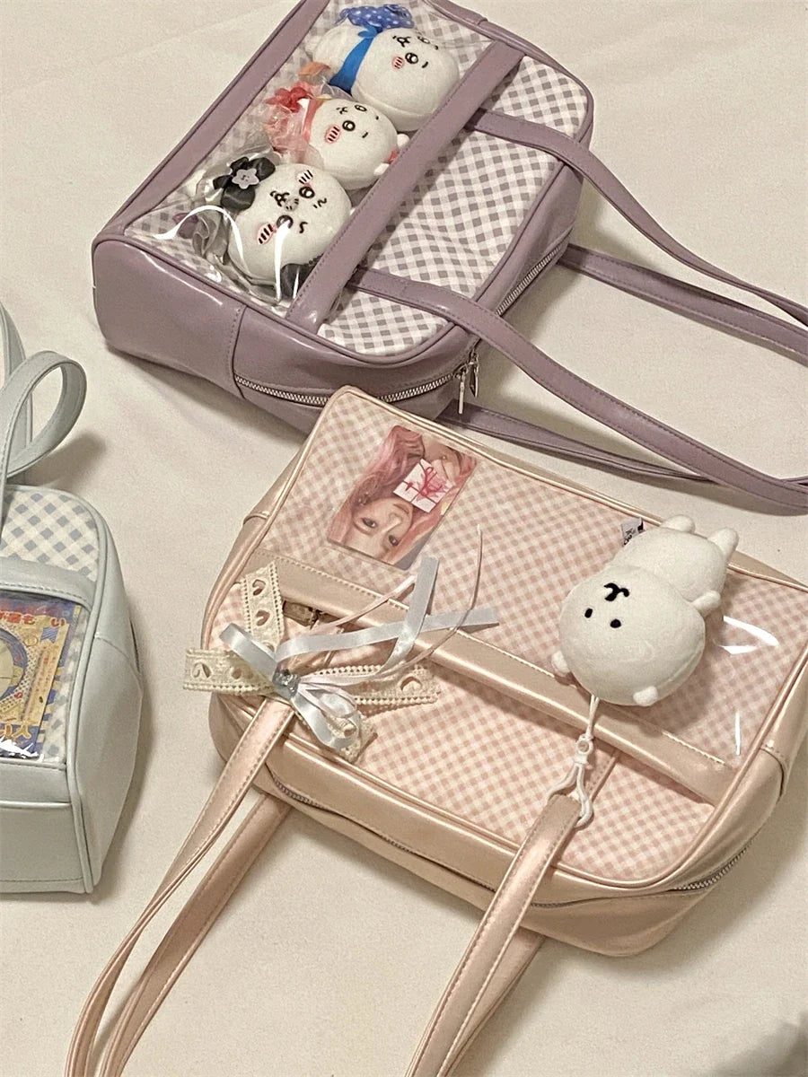 Sweet Girl Japanese Original Pink Plaid Small Capacity Transparent Pain Bag Baby Bag Two-dimensional Student Shoulder Bags