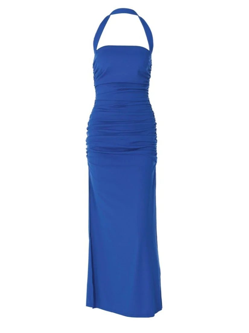 New Summer Women Dress Solid Color Halter Neck Sleeveless Backless Slim Ruched Side Split Elegant Party Long Dress