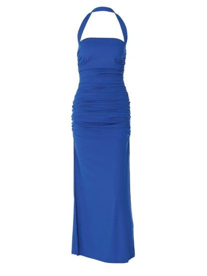 New Summer Women Dress Solid Color Halter Neck Sleeveless Backless Slim Ruched Side Split Elegant Party Long Dress