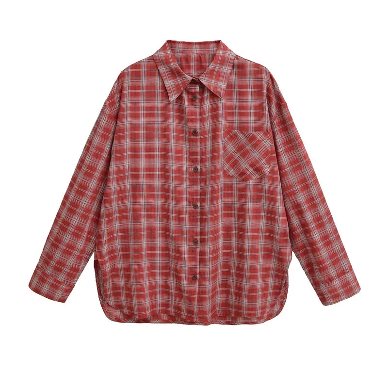 Women's Oversized Check Pocket Detail Shirt