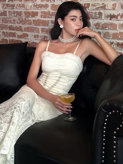 Puss Evening Gown Dress Women Sexy Jacquard Furry Patchwork Shiny Thread Square Collar Valentine's Day Party Club Vestidos
