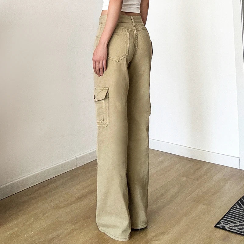 Y2K Casual Women Straight Jeans Khaki Fashion Pocket Cargo Pants Retro 90s Loose Denim Trousers Spring High Street