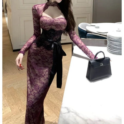 Autumn High-end Lace Leopard Print Fairy Dress New Niche Design Slim Fit Dress