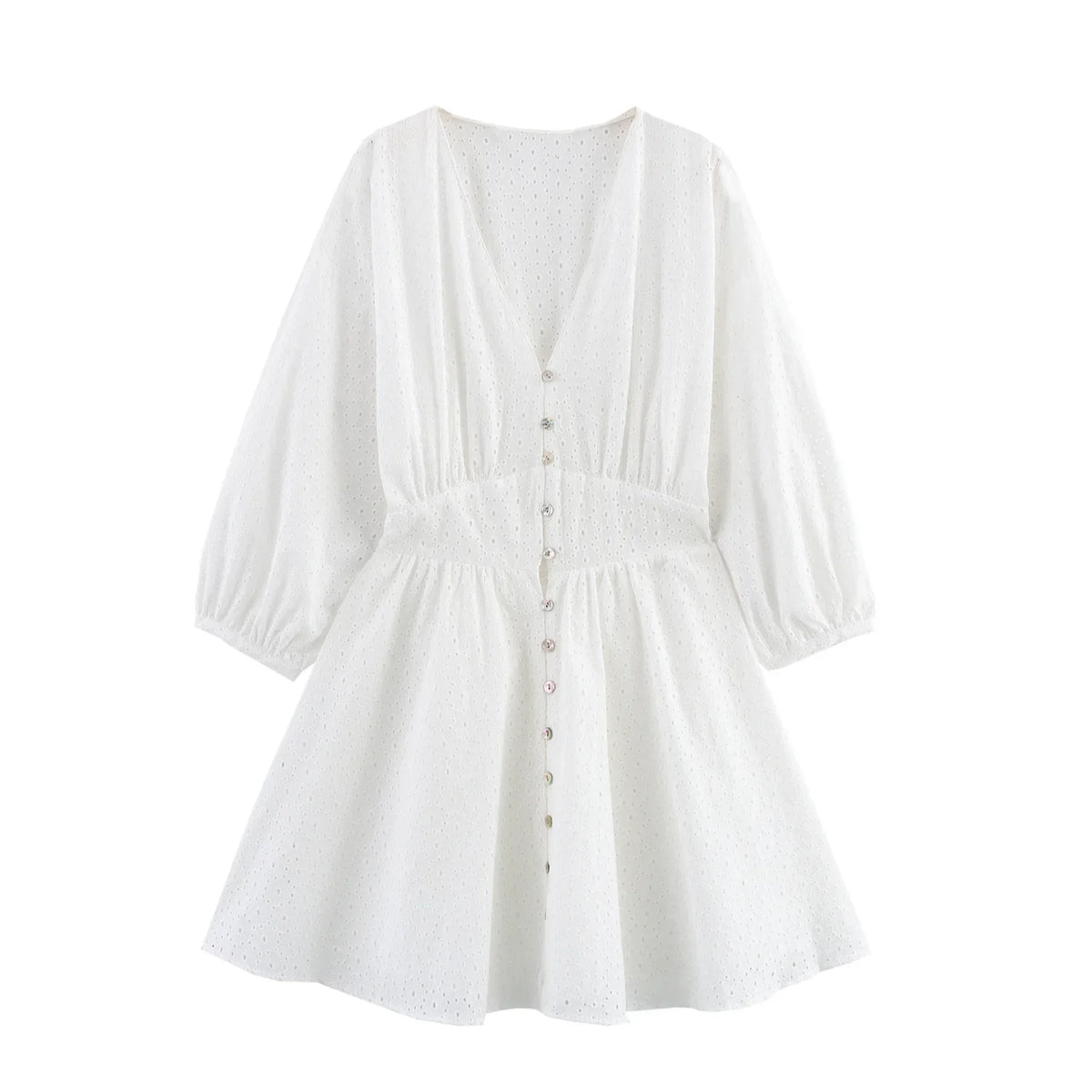 Lantern Sleeve Flower Embroidery Short Dress Elastic Waist A-line White Women Dress Vacation Casual Summer Dresses