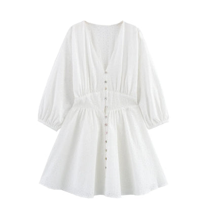 Lantern Sleeve Flower Embroidery Short Dress Elastic Waist A-line White Women Dress Vacation Casual Summer Dresses