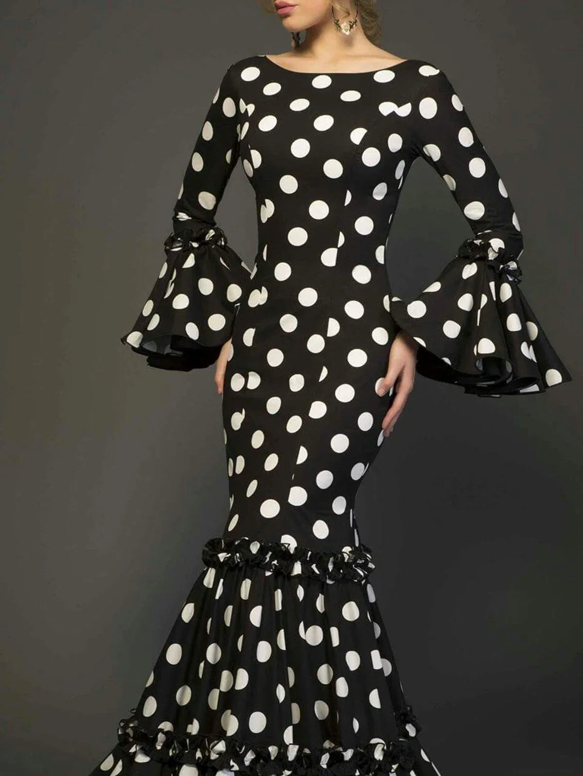 Elegant Polka Dot Ladies Evening Dress with Trumpet Sleeves Sexy Fishtail Design Cascading Ruffle Hem Fashionable Women's Gown