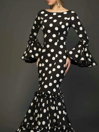Elegant Polka Dot Ladies Evening Dress with Trumpet Sleeves Sexy Fishtail Design Cascading Ruffle Hem Fashionable Women's Gown