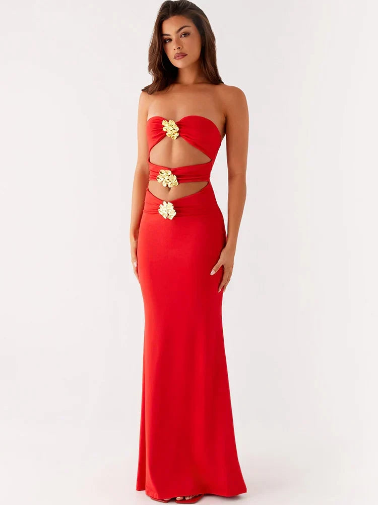 Strapless Waist Cutout Metal Floral Hardware Column Maxi Gown