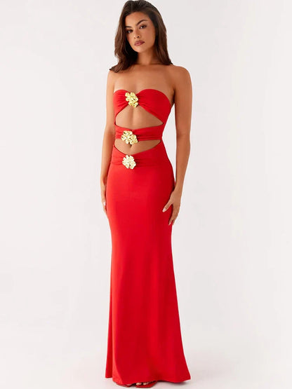 Strapless Waist Cutout Metal Floral Hardware Column Maxi Gown