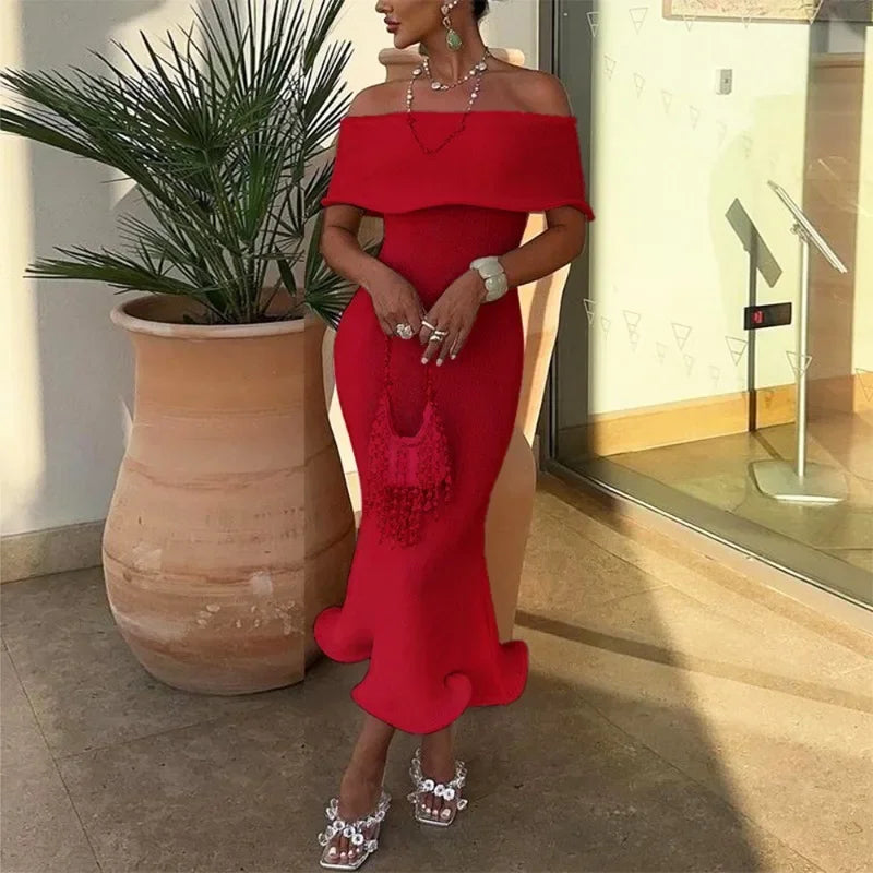 Off Shoulder Ruffle Bardot Mermaid Hem Bodycon Midi Dress