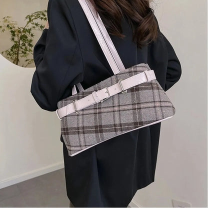 Fashion Handbag Boho Shoulder Bag Bell Pendant Lightweight Tote Bag Plaid Underarm Bag Women
