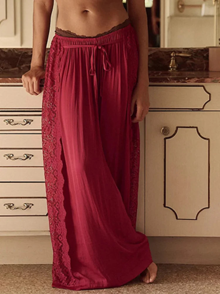 Casual Women's Solid Hollow Lace Patchwork Long Pants Loose Tie Up Wide Leg Trousers Spring Summer Holiday Beach Pant