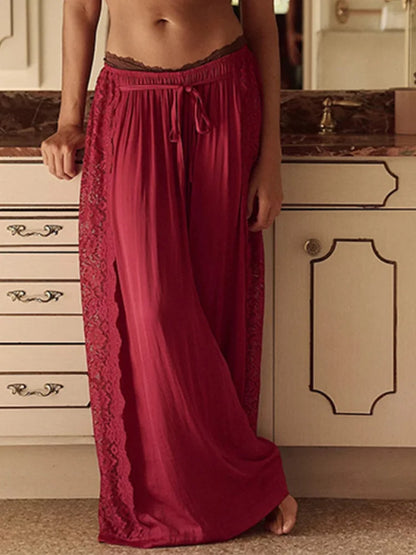 Casual Women's Solid Hollow Lace Patchwork Long Pants Loose Tie Up Wide Leg Trousers Spring Summer Holiday Beach Pant