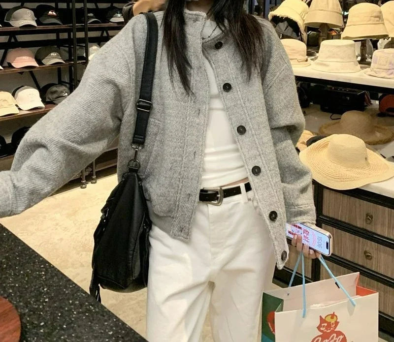 Retro Stand Up Collar Jacket for Female Students in Autumn New Loose and Versatile Casual Style