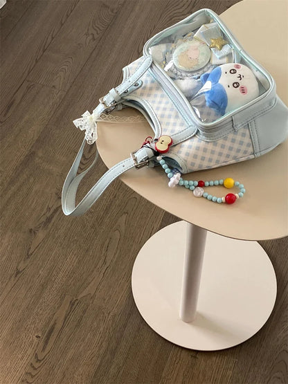 Original Lolita Sky Blue Plaid Small Capacity Transparent Pain Bag 10cm Baby Bag Daily Commuting Class Portable Shoulder Bag