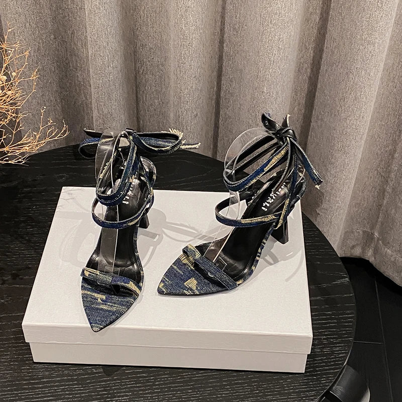 Clip Toe Denim Lace up Women Sandals High Heels Pointed Toe Fashion Banquet Party Dancing Shoes Summer
