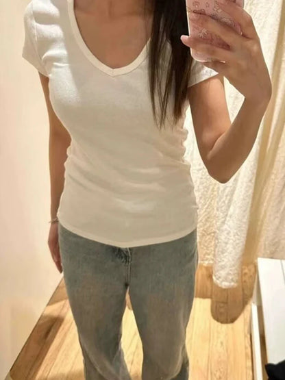 White Cotton Slim T-Shirt Women Summer Short Sleeve V-neck T-shirts Female Casual Simple Basic Tee Shirt Y2k Pullover Tops