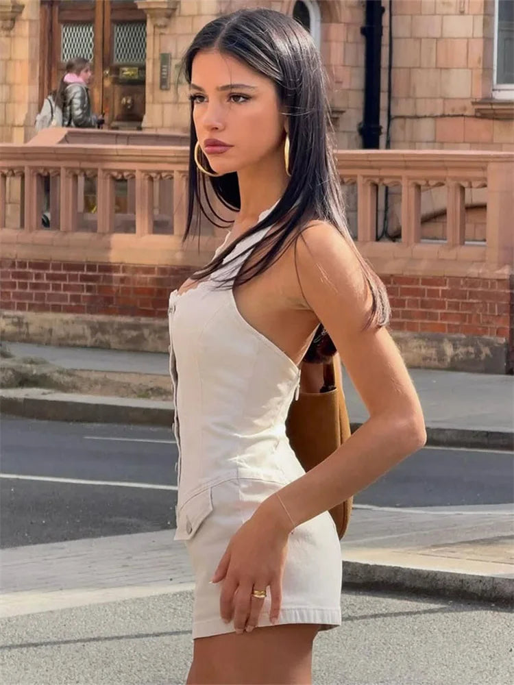 Casual Sexy Classic Fake Denim Women Playsuits Simple Halter U-neck Single Breasted Backless Halter Daily Street Romper