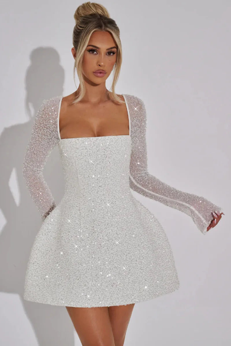 Square Neck Long Sleeve Sequin Fit and Flare Mini Dress