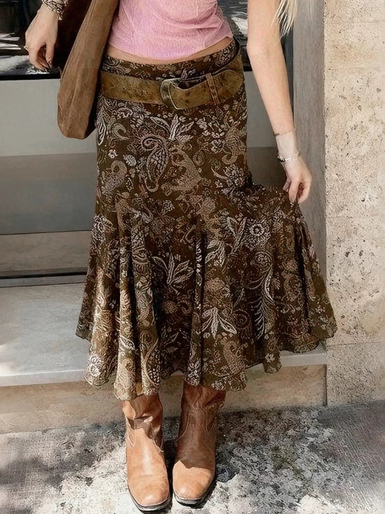 Women's Vintage Brown Floral Print Maxi Skirt New Spring Summer Retro Style A Line Long Skirt Casual Boho Outfit No Belt