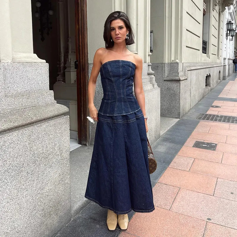 Vintage Denim Vest Skirt Women Outfit Elegant Slash Neck Tank Top Pleated Zippers Mid Skirts Summer Fashion Lady Set
