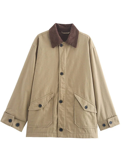 Casual Panelled Pockets Jackets Women Casual Patchwork Lapel Long Sleeves Single Breasted Coat Autumn Lady Loose Outfits
