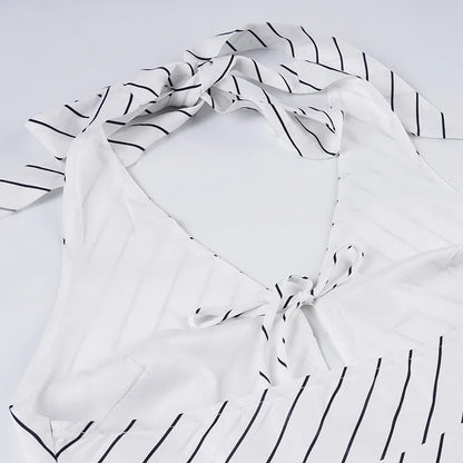 Strip V-neck Lace Up Backless Long Dress Summer Elegant Sleeveless High Waist Slim A-line Dress Beach Vacation Dress