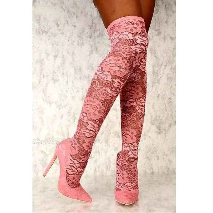 White Air Mesh Lace Sexy Boots Splicing Pointed Toe Solid British Style Dress Party Women Over Knee Boots Zapatos Para Mujere