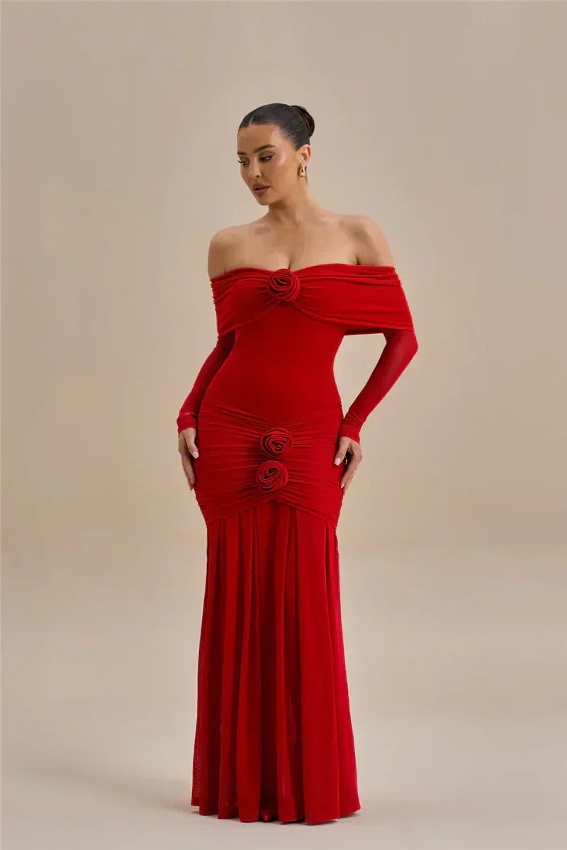 Off Shoulder Mesh Sleeve Ruched Rosette Applique Mermaid Maxi Dress