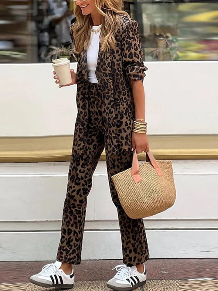 Vintage Women Leopard Print Pant Sets Casual Lapel Long Sleeve Female Suit Outfits Straight Pants Autumn Lady Two Piece Set