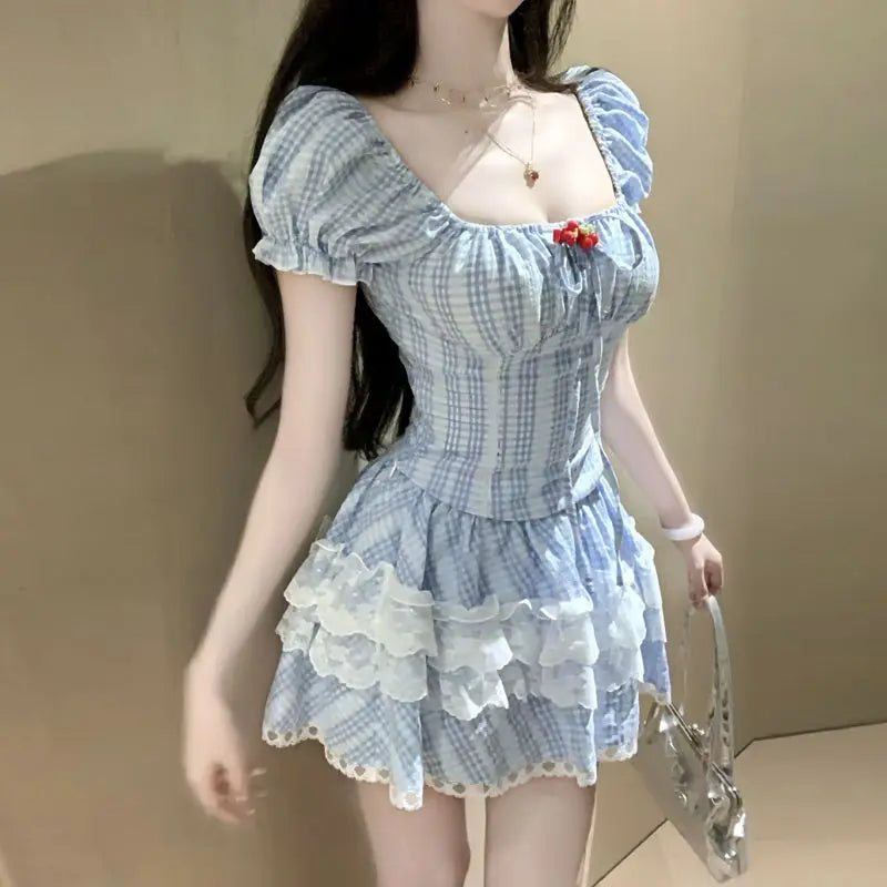 Sweet and Cute Puff Sleeve Slim Bodysuit for Women's Summer Lace Fluffy Cake Skirt Two-piece Set