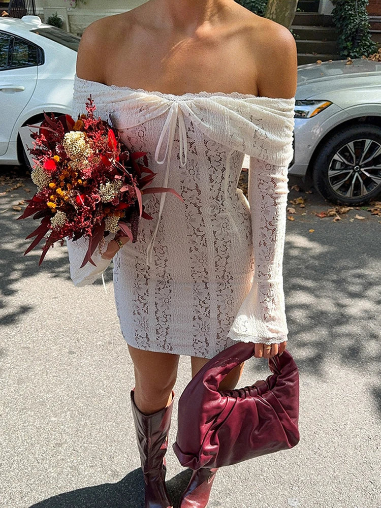 Autumn Lace Off-Shoulder Mini Dress For Women See-Through Printed Lace-Up High Waist Elegant Party Dress Female Sexy Gown