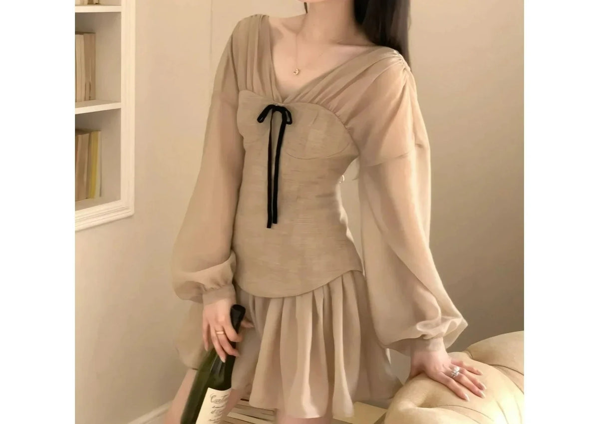 New High-End Elegant V-Neck Waist-Cinching Dress Gentle Style Stunning Slimming A-Line Dress for Women