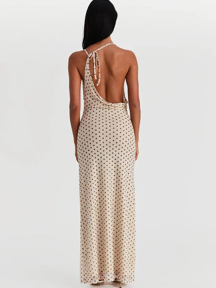 Cowl Neck Polka Dot Spaghetti Strap Maxi Dress